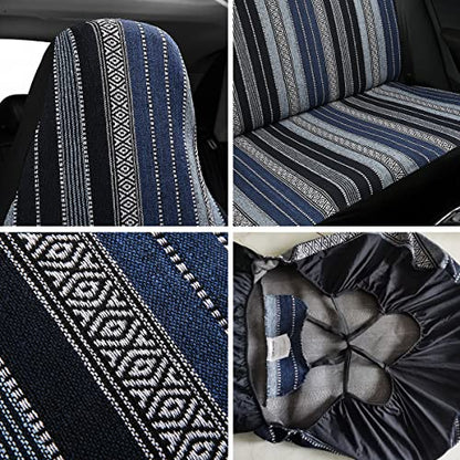 Baja Saddle Blanket Car Seat Covers 7PCS Full Set, Breathable and Washable Striped Woven Automotive Vehicle Seat Cover Universal for Sedan, SUV, Truck, Airbag Compatible - color: High Back Blue Baja, size: Full Set