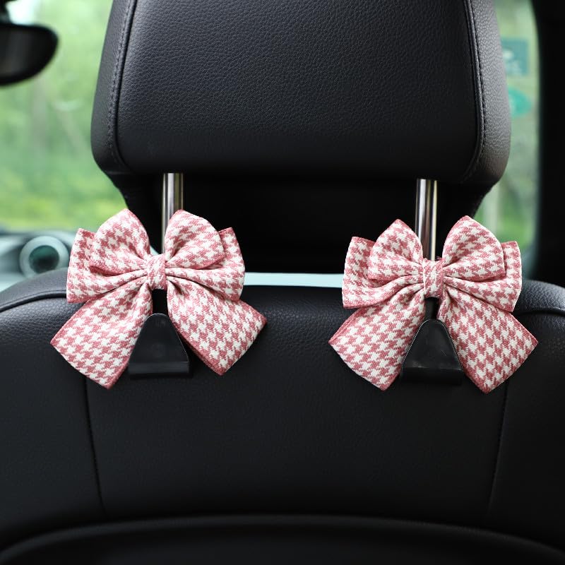 2-Pack Car Purse Hooks for Hanging Purses and Bags, Cute Bow car seat headrest Hooks for Hanging car Purse Hooks. (Houndstooth Pink) - color: Houndstooth pink