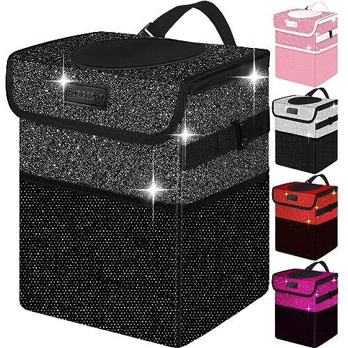 Cute Mini Car Trash Bag with Lid, Glitter Garbage Can Bin Hanging for Back/Front Seat/Console, Waterproof, Leakproof, 2.5 Gallon, Black Bling Sparkly - color: Black Bling Sparkly