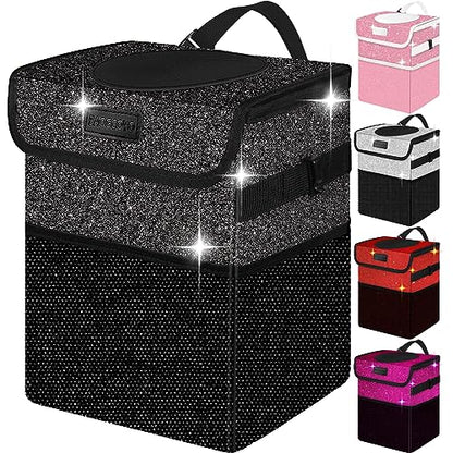 Cute Mini Car Trash Bag with Lid, Glitter Garbage Can Bin Hanging for Back/Front Seat/Console, Waterproof, Leakproof, 2.5 Gallon, Black Bling Sparkly - color: Black Bling Sparkly