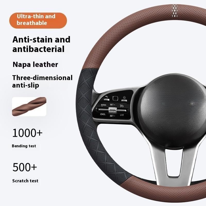 Ultra-Thin Napa Leather Steering Wheel Cover with 3D Anti-Slip Diamond Grip, Breathable Non-Bulky Design, Universal Fit 15 Inch for Cars & SUVs - color: coffee&black