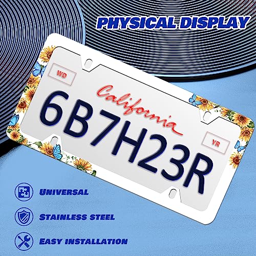 2 Pieces Blue Butterfly Sunflower License Plate Frame Funny License Plate Frames Personalise Stainless Steel Design Compatible with Standard License Plate Holder for USA and Canada 6 X 12 with Screws - color: Blue Butterfly Sunflower 2 pieces