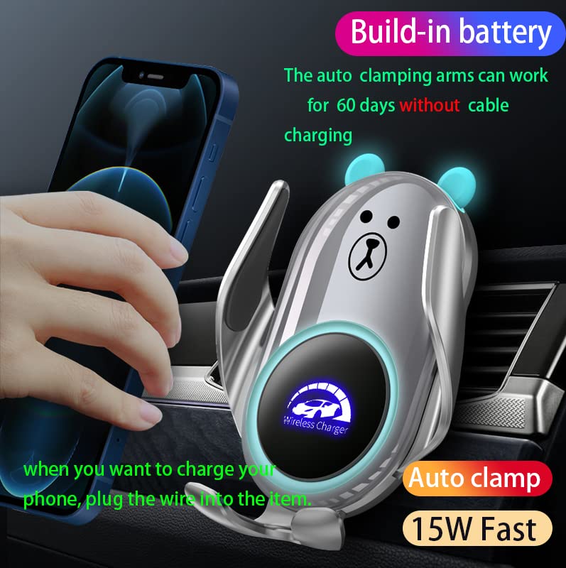 Phone Mount for Car Wireless Charger Auto Clamping with Rotatable Vent Clip Cute Bear for iPhone Samsung Andriod Phone - style: Silver bear