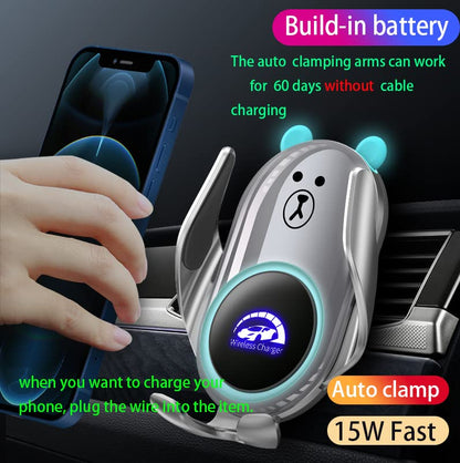Phone Mount for Car Wireless Charger Auto Clamping with Rotatable Vent Clip Cute Bear for iPhone Samsung Andriod Phone - style: Silver bear