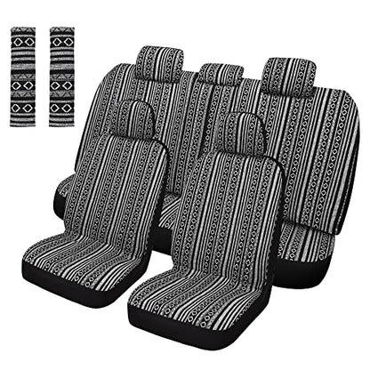 Pariitadin Baja Saddle Blanket Car Seat Covers Full Set with Seat Belt Pads, Washable Breathable Striped Woven Cloth Seat Covers for Cars, Universal Fit Most Cars, Airbag Compatible, Black/White - color: Black/White, size: FULL SET