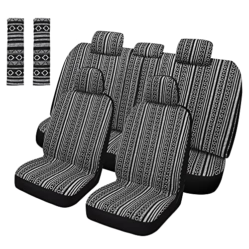Pariitadin Baja Saddle Blanket Car Seat Covers Full Set with Seat Belt Pads, Washable Breathable Striped Woven Cloth Seat Covers for Cars, Universal Fit Most Cars, Airbag Compatible, Black/White - color: Black/White, size: FULL SET