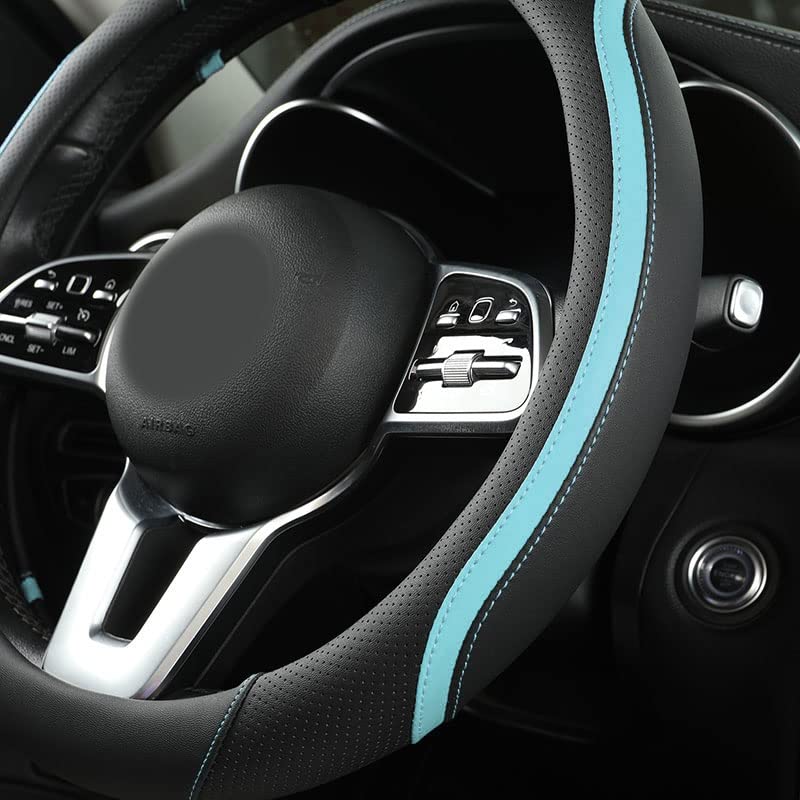 Car Steering Wheel Cover, Leather Steering Wheel Cover Blue Universal 14.5-15 Inch Microfiber Leather Anti-Slip Breathable Auto Steering Wheel Covers for Men Women (Black&Blue) - color: Light Blue