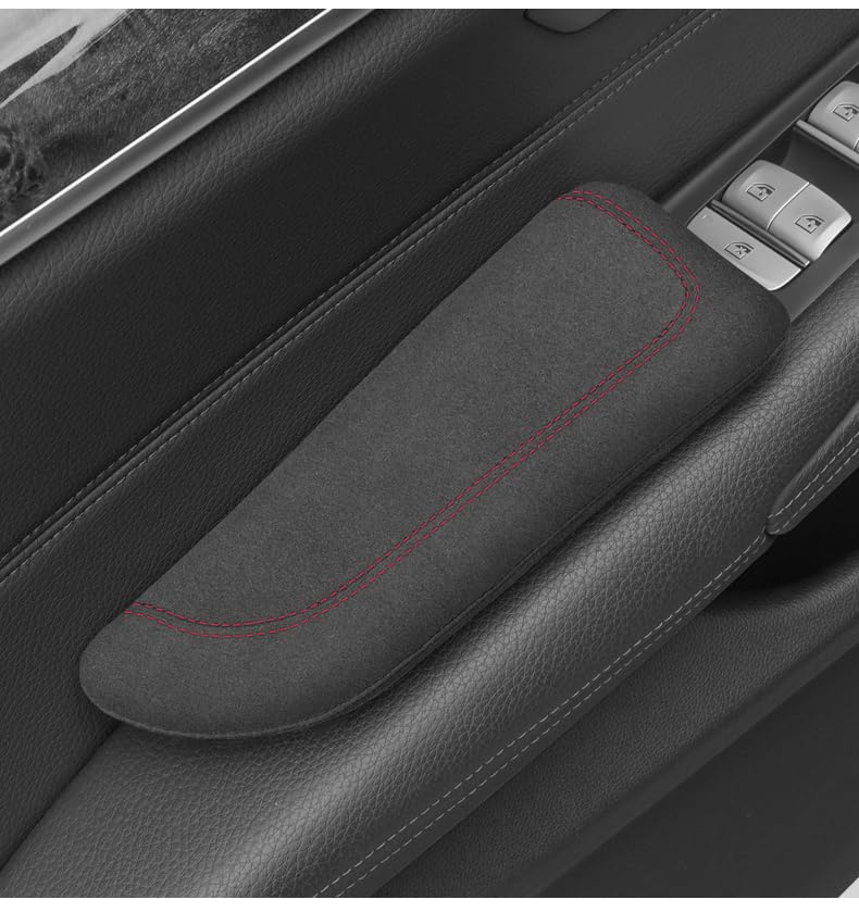 Italian Alcantara Style Fur Car Elbow Rest Pad - Universal Armrest & Knee Cushion - Thigh Support Comfort Pillow - color: Red Line Left