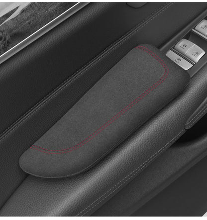 Italian Alcantara Style Fur Car Elbow Rest Pad - Universal Armrest & Knee Cushion - Thigh Support Comfort Pillow - color: Red Line Left