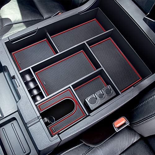 JDMCAR Compatible with Toyota Tundra Accessories 2014-2021 Center Console Organizer, Insert ABS Black Materials Tray, Armrest Secondary Storage Box - Full Tray -Red Trim - color: RED