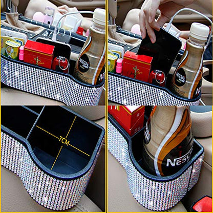 Car Seat Side Drop Organizer, Sparkle Car Seat Gap Filler, Car Seat Console Storage Organizer, Crystal Car Seat Pockets with Cup Holder and Two Charging Ports for Co-Driver.