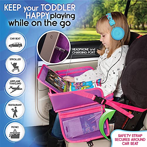 Kids Travel Tray - Waterproof Lap Table with No-Drop Large Tablet Holder - Car Seat Tray - Road Trip Essentials Kids - Car Desk Organizer for Airplane - Toddler Travel Essentials (Pink) - color: PINK