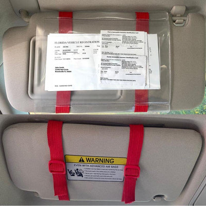 Car Registration and Insurance Holder Visor - Durable Elastic Band & Buckle Closure - Conveniently Stores Documents - Essential Car Accessory (Red/Red), Made in USA - color: Red