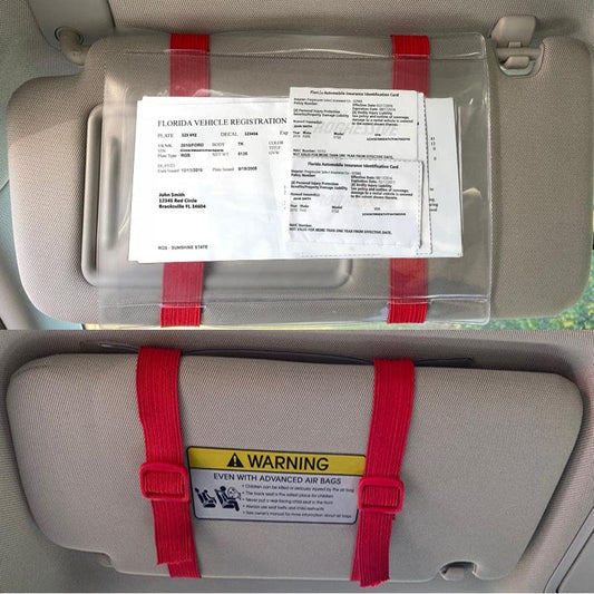 Car Registration and Insurance Holder Visor - Durable Elastic Band & Buckle Closure - Conveniently Stores Documents - Essential Car Accessory (Red/Red), Made in USA - color: Red