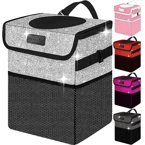 Cute Mini Car Trash Bag with Lid, Glitter Garbage Can Bin Hanging for Back/Front Seat/Console, Waterproof, Leakproof, 2.5 Gallon, Silver Bling Sparkly - color: Silver Bling Sparkly