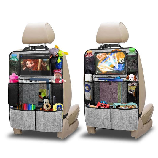 Econour Car Back Seat Organizer (2-Pack) | 600D Oxford Fabric with 9 Storage Pockets & Touch Screen Tablet Holder | Waterproof & Universal Fit Kick Mats | Durable & Eco-Friendly Seat Protectors (Grey) - color: Grey