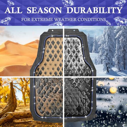 CAR PASS Bling Diamond Rubber Car Mats, Heavy Duty Deep Dish All-Weather Floor Mat Full Set Anti-Slip 3D Rhombus Waterproof Trim to Fit Liner Universal Glitter Sparkly Shining Rhinestone, Black Blue - color: Blue Diamond