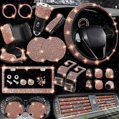 NBTEPEM 27 PCs Gold Champagne Bling Car Accessories Set for Women, Steering Wheel Covers Universal Fit 15 Inch, Bling License Plate Frame, Bling Phone Holder, Bling Car Coasters - color: Gold Champagne