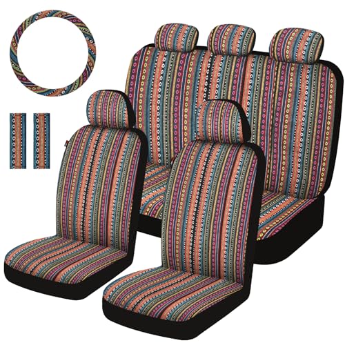 Baja Saddle Blanket Car Seat Covers Full Set with Seat Belt Pads and Steering Wheel Cover, Washable Breathable Striped Woven Cloth Seat Covers for Cars, SUV, Truck, Large Size(Orange) - color: Orange, size: Full Set