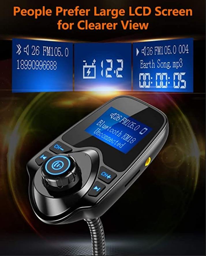 Nulaxy KM18 Bluetooth 5.4 Car Adapter with 1.44" Clear Display & Flexible Gooseneck - FM Radio Transmitter & Bluetooth Receiver for Hands-Free Calls, Wireless Music via BT/FM/AUX/TF, USB Car Charger - color: Black