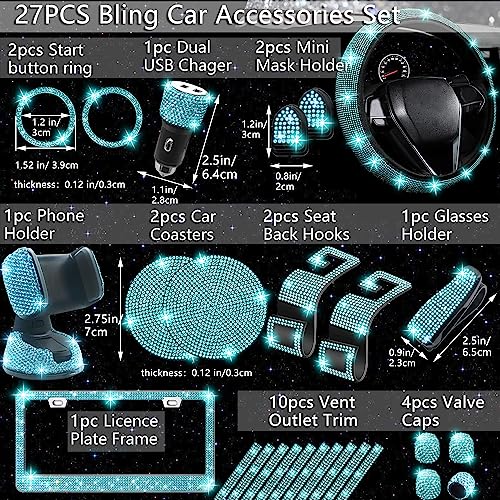 NBTEPEM 27 PCs Aquamrine Bling Car Accessories Set for Women, Steering Wheel Covers Universal Fit 15 Inch, Bling License Plate Frame, Bling Phone Holder, Bling Car Coasters (Aquamrine Diamond) - color: Aquamrine Diamond