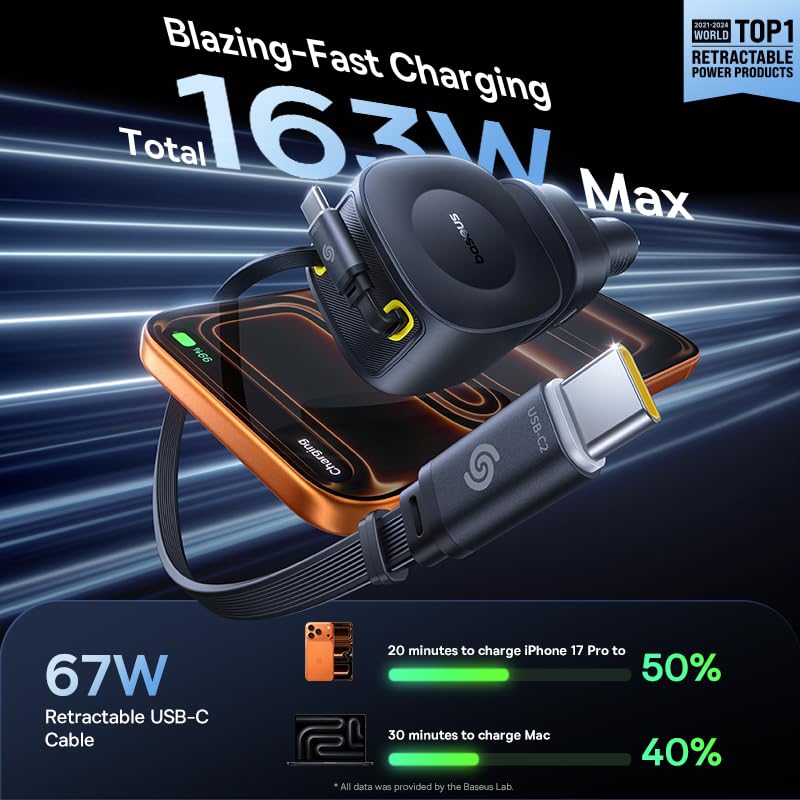 Baseus 163W Retractable Car Charger USB C Fast Charging, PrimeTrip VR2 Max 4 in 1 Fast Car Charger with Dual Retractable USB C Cable for iPhone 17 16 15 Pro Max, Samsung Galaxy S25 Ultra, Android - color: 163W