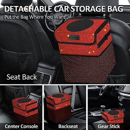 Car Trash Can, Cute Mini Trash Bag With Lid, Glitter Garbage Bin Hanging for Back/Front Seat/Console, Waterproof, Leakproof, 2.5 Gallon, Red Bling Sparkly - color: Red Bling Sparkly
