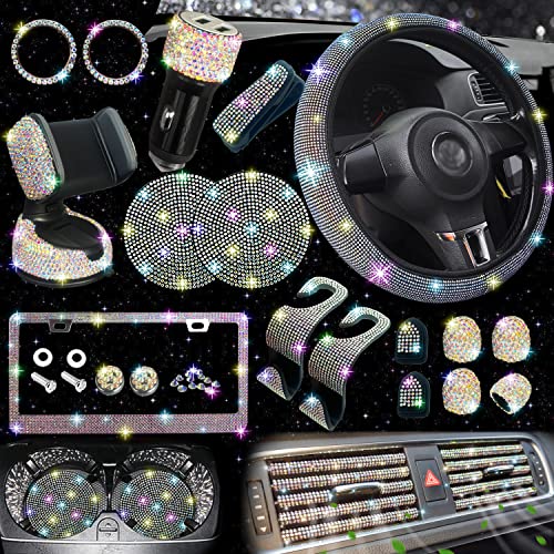 NBTEPEM 27 PCs Multicolor Bling Car Accessories Set for Women, Steering Wheel Covers Universal Fit 15 Inch, Bling License Plate Frame, Bling Phone Holder, Bling Car Coasters - color: Multicolor Diamond