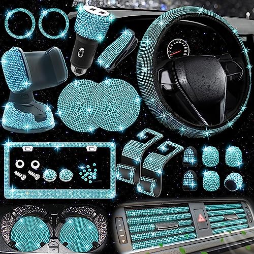 NBTEPEM 27 PCs Aquamrine Bling Car Accessories Set for Women, Steering Wheel Covers Universal Fit 15 Inch, Bling License Plate Frame, Bling Phone Holder, Bling Car Coasters (Aquamrine Diamond) - color: Aquamrine Diamond