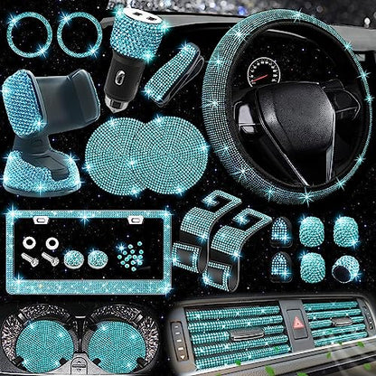 NBTEPEM 27 PCs Aquamrine Bling Car Accessories Set for Women, Steering Wheel Covers Universal Fit 15 Inch, Bling License Plate Frame, Bling Phone Holder, Bling Car Coasters (Aquamrine Diamond) - color: Aquamrine Diamond