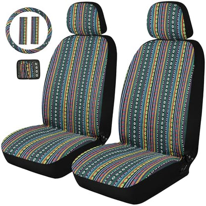 Baja Saddle Blanket Car Seat Covers, Boho Striped Woven Front Seat Protectors, Breathable & Washable Interior Covers, Universal Fit for Most Cars SUVs Trucks, Airbag Compatible, Green, 8 pcs. - color: GREEN