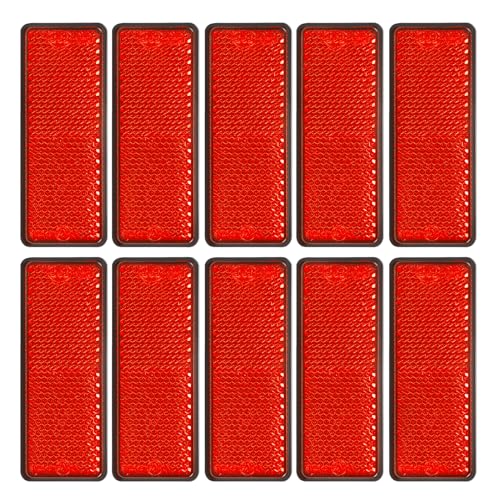 10 Pack Red Self Adhesive Rectangle Reflectors, E11 Approval Road Safety Stick-on Rear Reflectors for Mailboxes Driveway Trailer Caravan Truck Lorry or Agricultural Machines Tunnels - color: red