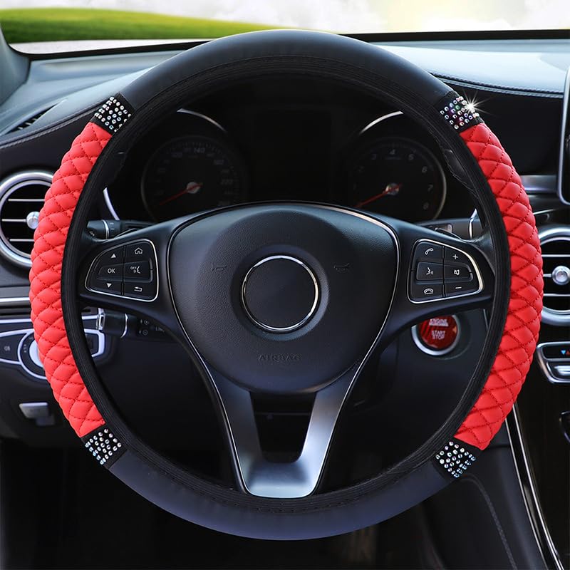 PU Leather Elasticity Car Steering Wheel Cover Anti-Slip Adjustable Steering Wheel Protective Sleeve, red - color: Red