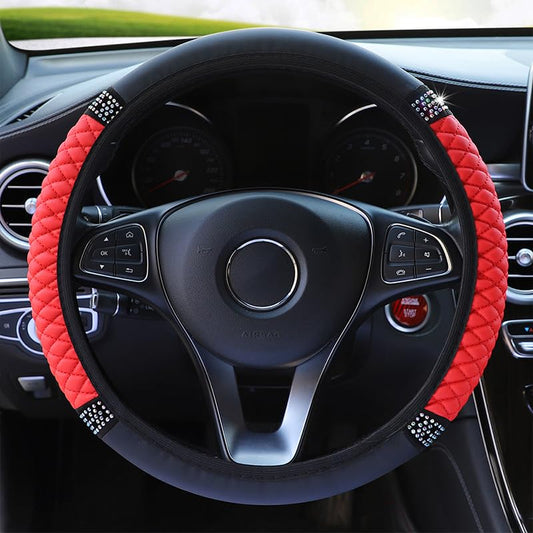 PU Leather Elasticity Car Steering Wheel Cover Anti-Slip Adjustable Steering Wheel Protective Sleeve, red - color: Red