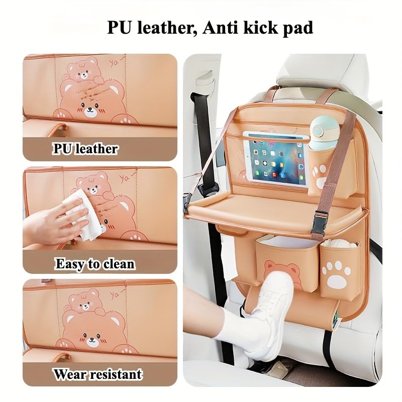 Car Organizer for Back Seat - Bear Design Storage Bag with Multi-Pockets, Kick Mat, Cup Holder, Trash Can, Table & Phone Holder | PU Leather, Waterproof, Easy Clean Car Accessories