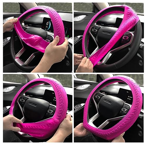 Universal Pink Steering Wheel Cover：13.5 to 15 Inches Stretchable Silicone Anti Skid Steering Wheel Protector Fit for Most Car Models Including Round D Shape or Special Shape - color: Pink