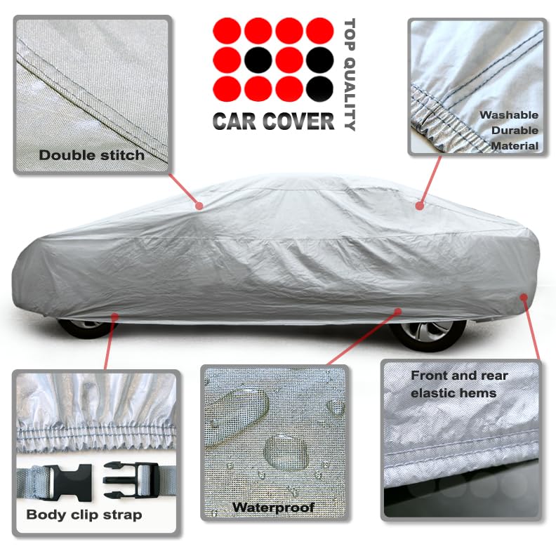4-Layer Car Cover Soft Cotton Inlay Paint Protect All Weather Indoor Outdoor Automobiles Protector Breathable Fabric with Waterproof Coating Sun Rain Wind Dust Protection for Full Size Sedan - size: L-460cm(181inch)