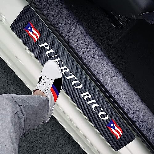 Hangoo 4pcs Puerto Rico Flag Carbon Fiber Car Sill Plate Protectors, Reflective Sticker Decorative Door Entry Guard Threshold Scratch Pad Film