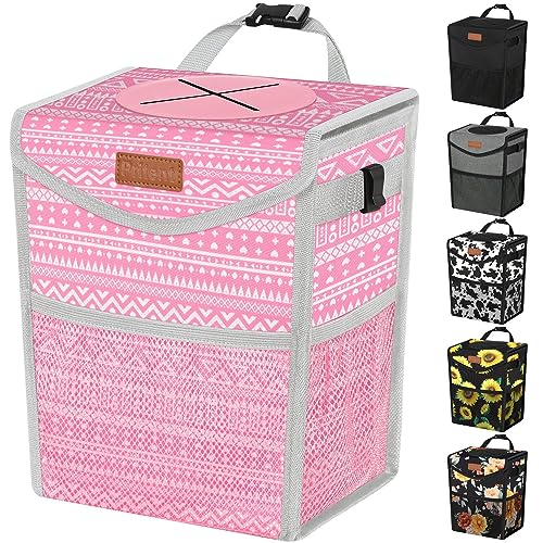 Pritent Car Trash Can with Lid, Cute Leakproof Car Trash Garbage Bag Hanging Vehicle Trash Bin Small Portable Automotive Garbage Cans Organizer for Back/Front Seat/Console(Trapezoid,Pink Print) - color: Pink Print, size: 2 Gallons