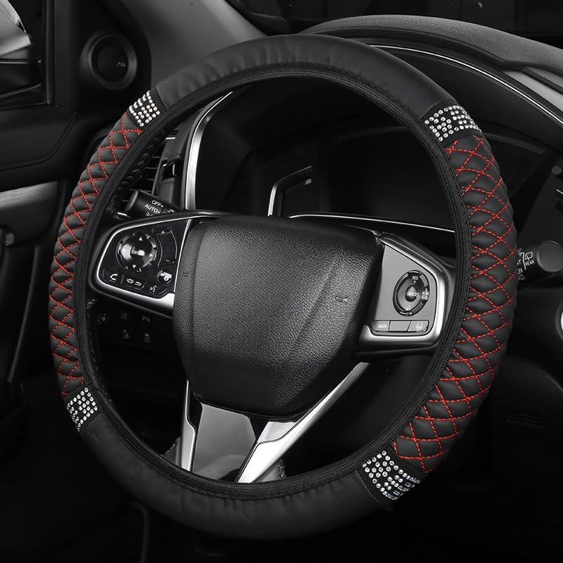 PU Leather Elasticity Car Steering Wheel Cover Anti-Slip Adjustable Steering Wheel Protective Sleeve, Black red - color: Black red
