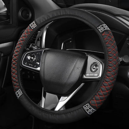 PU Leather Elasticity Car Steering Wheel Cover Anti-Slip Adjustable Steering Wheel Protective Sleeve, Black red - color: Black red