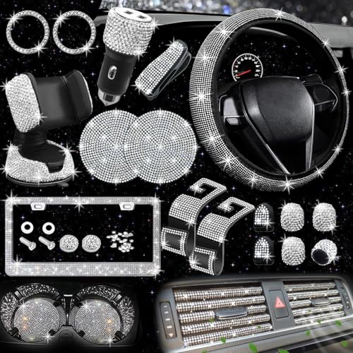 NBTEPEM 27 PCs Bling Car Accessories Set for Women, Steering Wheel Covers Universal Fit 15 Inch, Bling License Plate Frame, Bling Phone Holder, Bling Car Coasters (Silver Diamond) - color: Silver Diamond