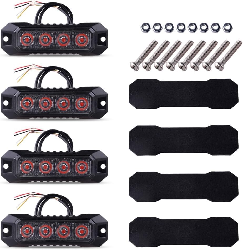 4PCS 4 LED Red Strobe Light, Surface Mount Strobe Lights for Trucks Car Vehicle Warning Flashing Beacon Hazard Emergency Lights Ultra Slim Sync Feature Mini Grille for Cars Trucks SUV RV ATV - color: Red