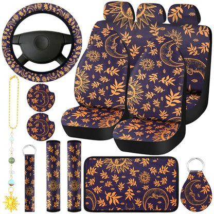 Riakrum 17 Pcs Sun and Moon Car Seat Covers Sun and Moon Car Accessories Full Set for Women Men Automotive Rear Front Seat Protector View Mirror Hanging Ornament Steer Wheel Belt Cover - style: Sun and Moon