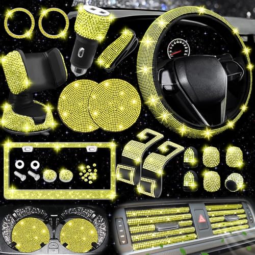 NBTEPEM 27 PCs Yellow Bling Car Accessories Set for Women, Steering Wheel Covers Universal Fit 15 Inch, Bling License Plate Frame, Bling Phone Holder, Bling Car Coasters (Yellow Diamond) - color: Yellow Diamond