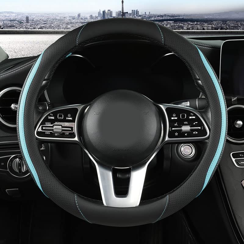 Car Steering Wheel Cover, Leather Steering Wheel Cover Blue Universal 14.5-15 Inch Microfiber Leather Anti-Slip Breathable Auto Steering Wheel Covers for Men Women (Black&Blue) - color: Light Blue
