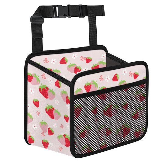 Cute Strawberry Print Car Organizer for Kids, Backseat Headrest Storage Bag, Adorable Cartoon Fruit Pattern, Foldable Waterproof PU Leather Organizer, Perfect for Mom and Baby