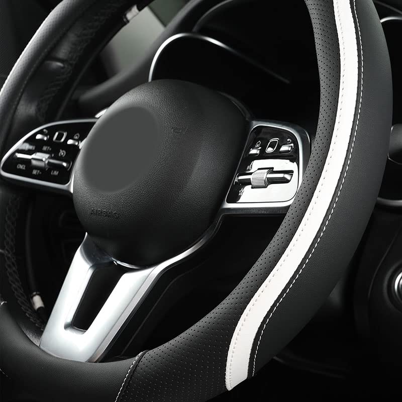 Car Steering Wheel Cover, Leather Steering Wheel Cover White Universal 14.5-15 Inch Microfiber Leather Anti-Slip Breathable Auto Steering Wheel Covers for Men Women(Black & White) - color: White
