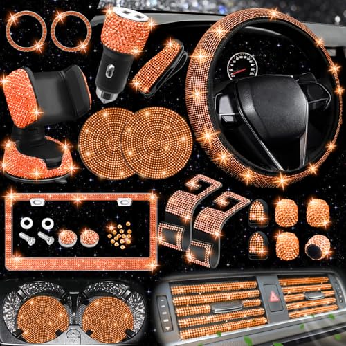 NBTEPEM 27 PCs Orange Bling Car Accessories Set for Women, Steering Wheel Covers Universal Fit 15 Inch, Bling License Plate Frame, Bling Phone Holder, Bling Car Coasters (Orange Diamond) - color: Orange Diamond
