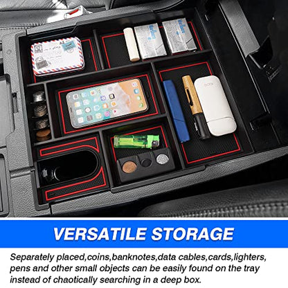 Autorder Center Console Organizer for 2014-2021 Toyota Tundra Accessories Armrest Storage Box Secondary Insert Full Tray with Red/Blue/Black Silicone Pads - size: 2014-2021 Toyota Tundra